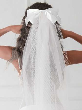 1pc Bridal Veil With Bow Hairpin, Long Lace Veil, Bridal Headpiece For Wedding, Engagement, Marriage Registration