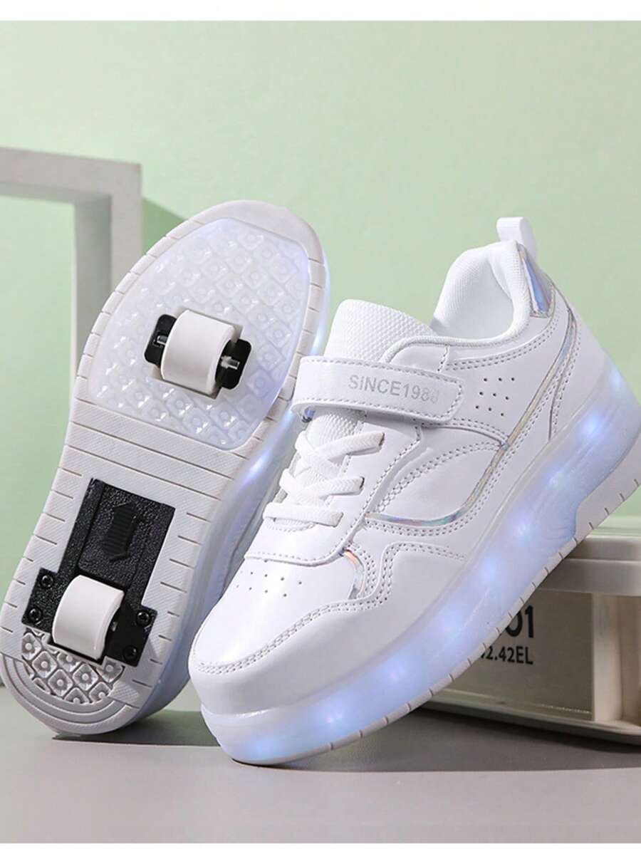 Teens Roller Skate Shoes, Wheeled Shoes, Double Wheel Roller Shoes, LED Rechargeable Luminous Shoes - White - View 1