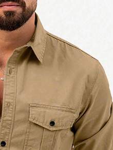 卡其色男士商务休闲长袖衬衫，纯色百搭长袖上衣，适合秋季 - 卡其色 - 查看 4