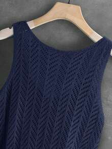 Women's Summer Hollow Breathable Versatile Solid Color Knitted Openwork Ribbed Sleeveless Vest, Suitable For Sports, Fitness, Daily Wear, Summer Vacation, Casual, Unisex, Soft And Comfortable, Spring/Summer - Navy Blue - View 7