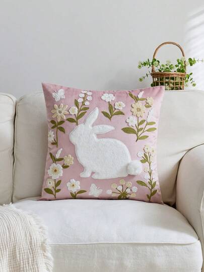 1pc Easter Pink Rabbit Embroidered Throw Pillow Cover, Spring Floral Cushion Cover, Suitable For Indoor Decor, Spring/Summer Pillow Sham, Pillow Insert Not Included
