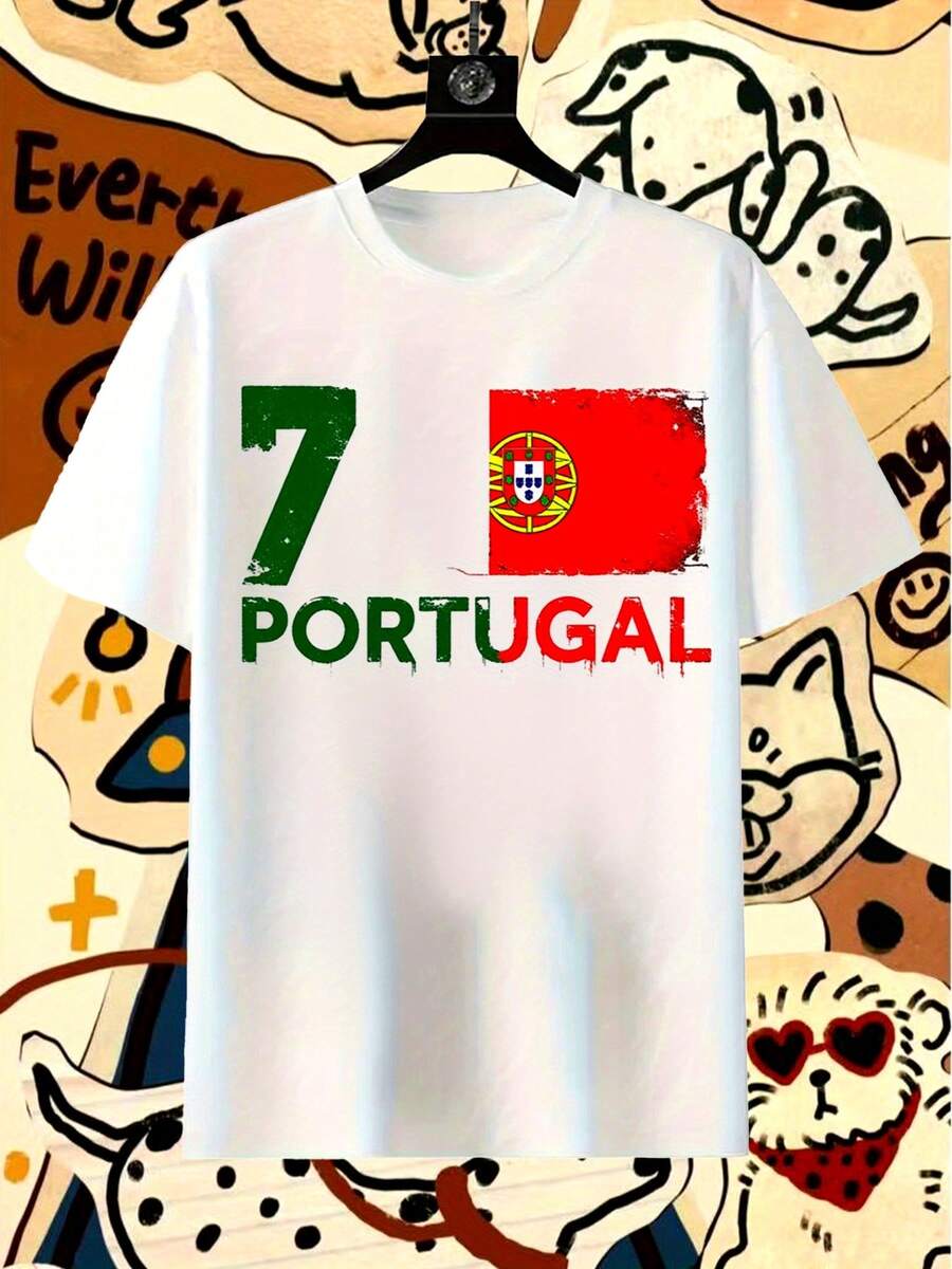 Men'S Portugal Soccer Jersey - Official Style Number 7 Design With Green & Red Team Crests, All-Season Casual & Sports Wear, Retro Round Neck Fan Apparel For Soccer Parties, Training & Everyday Outfits - Adult Men'S Graphic Print Football Shirt - White - View 1