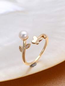1pc 18K Gold Plated Freshwater Pearl & Cubic Zirconia Leaf-Shaped Open Ring (Women) - Butterfly-shaped Pearl 1 - View 1