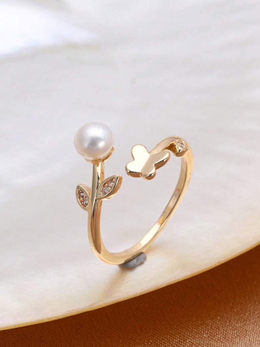 1pc 18K Gold Plated Freshwater Pearl & Cubic Zirconia Leaf-Shaped Open Ring (Women) - Butterfly-shaped Pearl 1 - View 1