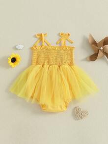 Baby Girl 1st Birthday Clothes One Year Old Tulle Romper Flying Sleeve Bodysuit Cake Smash Outfits - Màu vàng - Xem 5