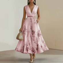 Women's Floral Print Maxi Dress Sleeveless Deep V Neck Pleated A Line Dress Elegant Evening Party Formal Wedding Guest Dresses - 藍色 - 查看 3