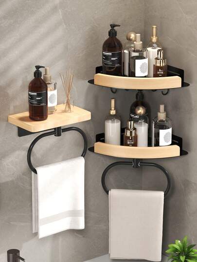 1pc Bathroom Towel Ring, Triangular Bathroom Shelf, Adhesive Towel Rack, For Bathroom Storage And Organization, No Drilling Required, Easy Installation, Bathroom Accessories