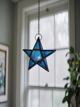 1pc Elegant Hanging Iron Star-Shaped Glass Candle Holder, Vintage 5-Pointed Star Windproof Tealight Candle Holder, Suitable For Home, Garden, Restaurant, Patio Decor