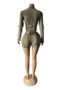 Denim Two-Piece Long-Sleeve Zip-Up Belted Bodycon Shorts Set Spring Summer Valentine's Day Outfit Trajes Elegantes De Mujer Spring Break Outfits - Màu Khaki - Xem 6