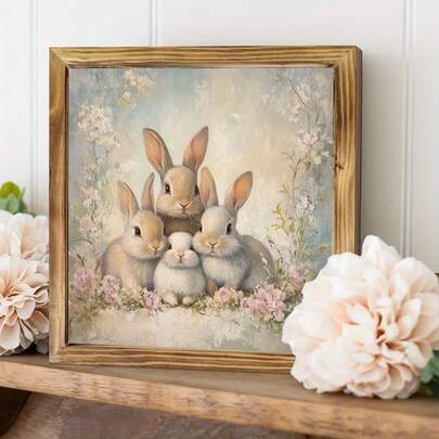 7.87 英寸木质标牌，饰有 3 只依偎在一起的兔子 - 农舍风格墙饰，适用于家居、厨房、卧室、浴室和办公室装饰 - 理想的乔迁或复活节礼物