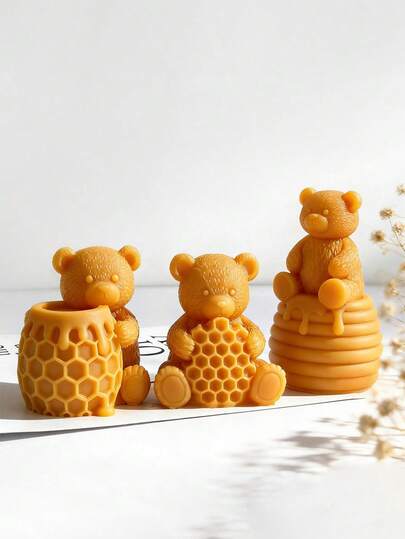 1pc 3D Bear And Bee Silicone Mold | Reusable DIY Home Decoration And Gift Making Tool | Honeycomb Texture Silicone Mold With Honey Decoration, Suitable For Candle/Resin Craft Production