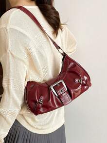 Y2K Vintage Soft Distressed Leather Motorcycle Bag With Rivet, Buckle, Pleated Cloud Decor, Shoulder/Underarm Bag, Suitable For Work, Commute, Date, Party - 酒紅色 - 查看 9