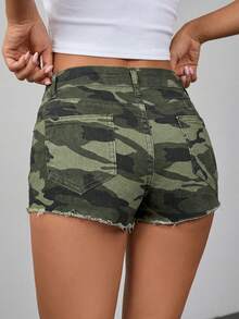 Low-Waist Camouflage Straight Mini Denim Shorts - Army Green - View 5