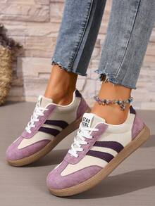 Women's Round Toe Flat Lace-Up Casual Sneakers, Versatile - Beige - View 5