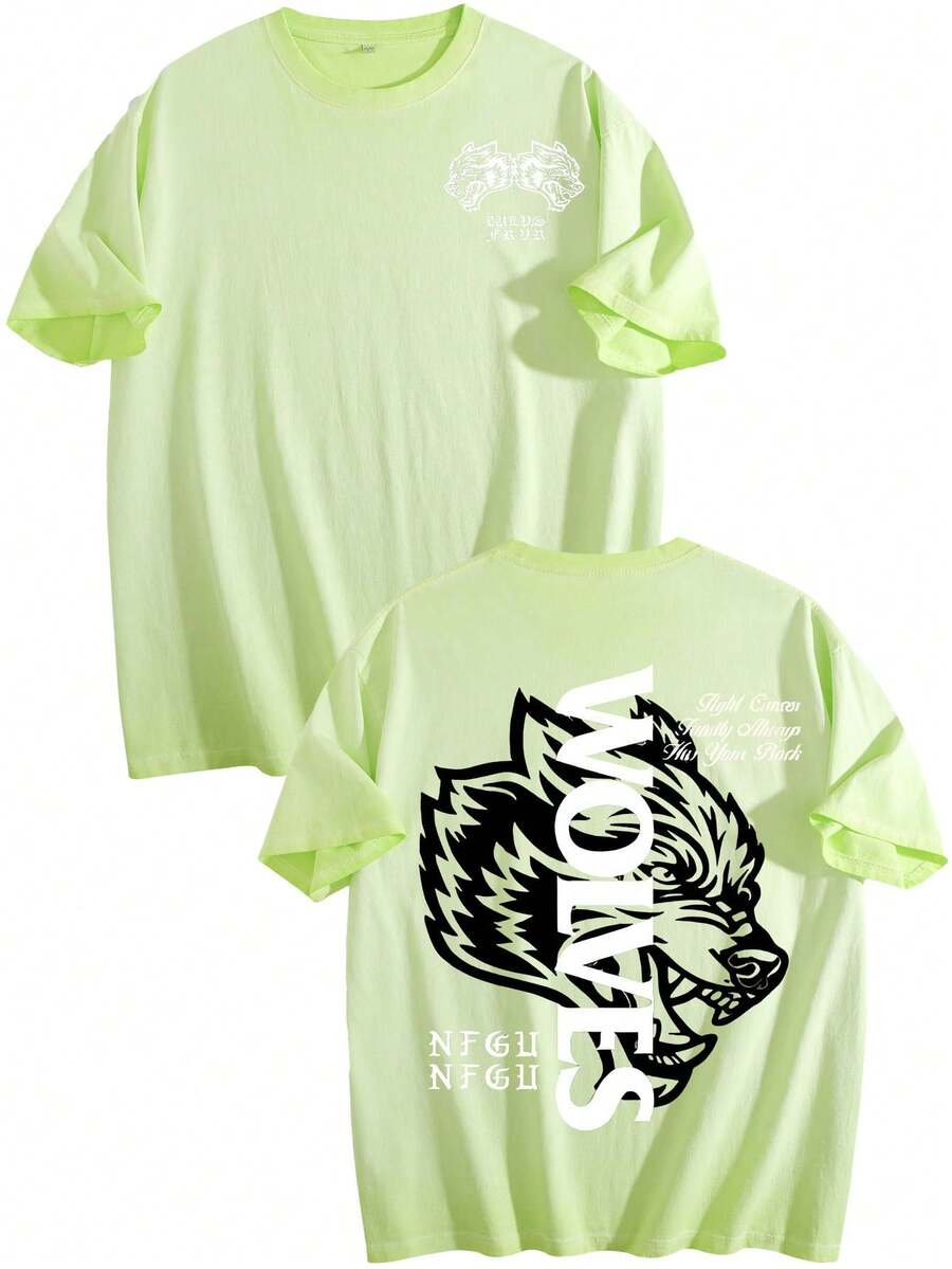 "Unisex Washed Wolf Graphic Tee - Soft Comfort, Distinct Print, Daily Casual Wear" - 髒洗螢光綠 - 查看 1