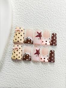 10片可爱美甲贴纸套装，蕾丝法式美甲，亚克力美甲套装，蝴蝶结、星星、漩涡、波点图案，马卡龙色假指甲，包含指甲锉，3种形状：杏仁形、鸭嘴形、棺材形，适合通勤、秋冬季、生日、派对、日常佩戴，甜美女孩美甲用品，手工制作的按压式美甲贴片 - 彩色 - 查看 12