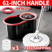 Mop Bucket Set With 360° Spin Mop And Bucket System 3 Microfiber Heads 61In Adjustable Handle For Shop Floor Cleaning - 61吋手把+鏟鬥+替換頭*3 - 查看 12