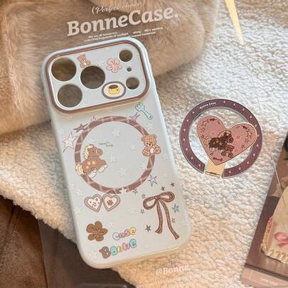 GUCADI Misty Blue Magnetic Blue-Brown Horse + Brown Horse Glaze Heart Magnetic Stand Compatible With IPhone 17 Pro Max Phone Case, Cute Wooden Horse Bear, 16 Glitter 15 Magnetic Stand, 13 Full Coverage Soft Case, Suitable For Girls, Creative Retro Geometric Cartoon Style Niche INS Style