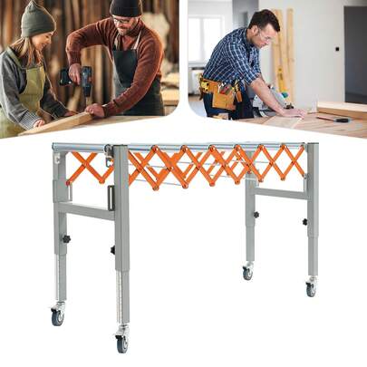 ZhdnBhnos Mesa de extensión de sierra de mesa flexible con rodillos, mesa de salida plegable giratoria y extensible con cinta transportadora rotatoria ajustable con ruedas