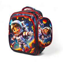 Children's School Backpack 3D Astronaut + Lunchbox And Pencil Case, Complete 3-Piece Kit - Red - View 2