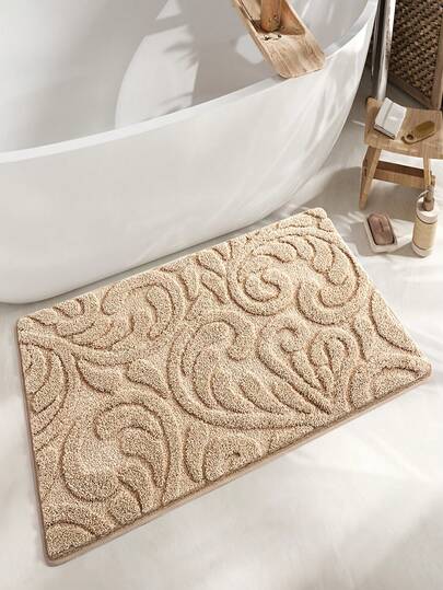 1pc Solid Color Leaf Pattern Retro Faux Cashmere Bath Mat, Non-Slip Absorbent Quick Dry, Home Bathroom Mat, Toilet Rug, Home Decor