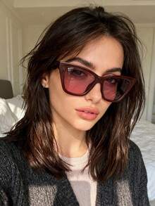 1pc Thick Frame Square Fashion Personalized Glasses, Suitable For Women - Wine Red Frame Red Tablet - View 4