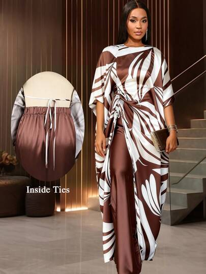 AOMEI 女士两件套印花宽松上衣衬衫抽绳非洲风情高腰裤夏季正式场合新款