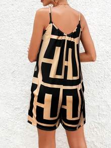 女士全印花无袖连体裤 - 圆领吊带连体裤，度假沙滩装，飘逸夏季短款连体裤，休闲夏季吊带连体裤 - 黑色 - 查看 4