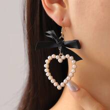 2 piezas Pendientes con lazo elegante y corazón de perla artificial, joyería de moda, adecuado para fiesta, boda, cena y uso diario - Pendientes lazo corazón - Ver 7