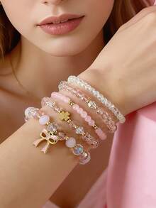 5pcs/Set Cute Bow & Clover Charm Bracelet Set, Women Pink Beaded Faux Pearl Elastic Bracelets, Sweet Jewelry For Girls Party & Daily Wear
