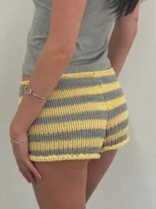 Women Fold Over Micro Shorts Y2k Striped Elastic Waist Low Rise Knit Sleep Mini Shorts Ribbed Comfy Going Out Bottoms - Yellow - View 2