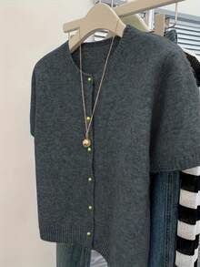 Women's Solid Color Short Sleeve Button Front Knit Cardigan, Everyday Wear For All Seasons - Grey - View 3