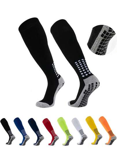 1 Pair Children's Anti-Slip Professional Football Socks, Thick Terry Lining Knee-High Sports Socks, Polyester Knit Fabric, Suitable For 7-12 Years Old Boys And Girls, All Seasons