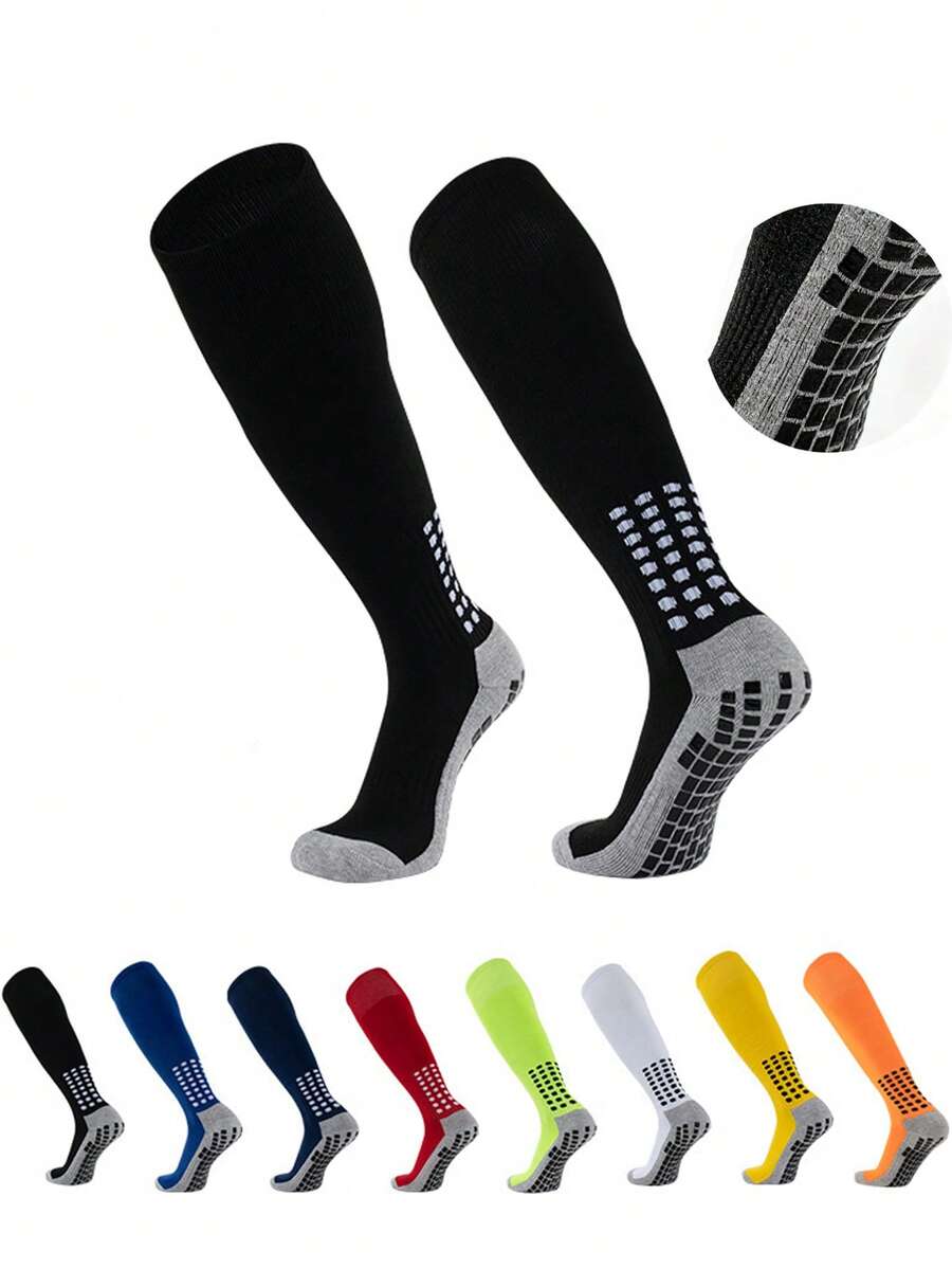 1 Pair Children's Anti-Slip Professional Football Socks, Thick Terry Lining Knee-High Sports Socks, Polyester Knit Fabric, Back To School, First Day Of School - Multicolor - View 1