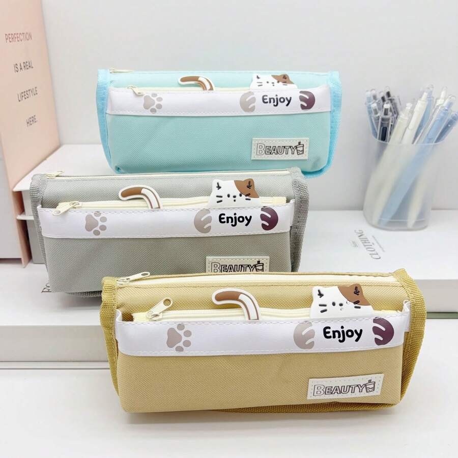 1个多功能双层铅笔盒，大容量简约文具袋，学生文具袋（毛绒学生文具袋），返校季，学习用品，铅笔盒，背包 - 彩色 - 查看 1