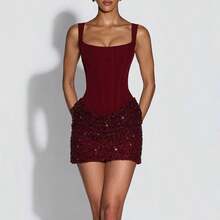 Lace-Up Sequined Halter Bodycon Dress, Fitted Party Dress - 紅色 - 查看 5