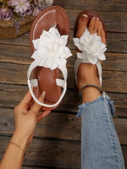 Women's New Spring/Summer Beach Flip Flops With Lotus Flower Decor, Casual & Simple, Suitable For Indoor And Outdoor Wear