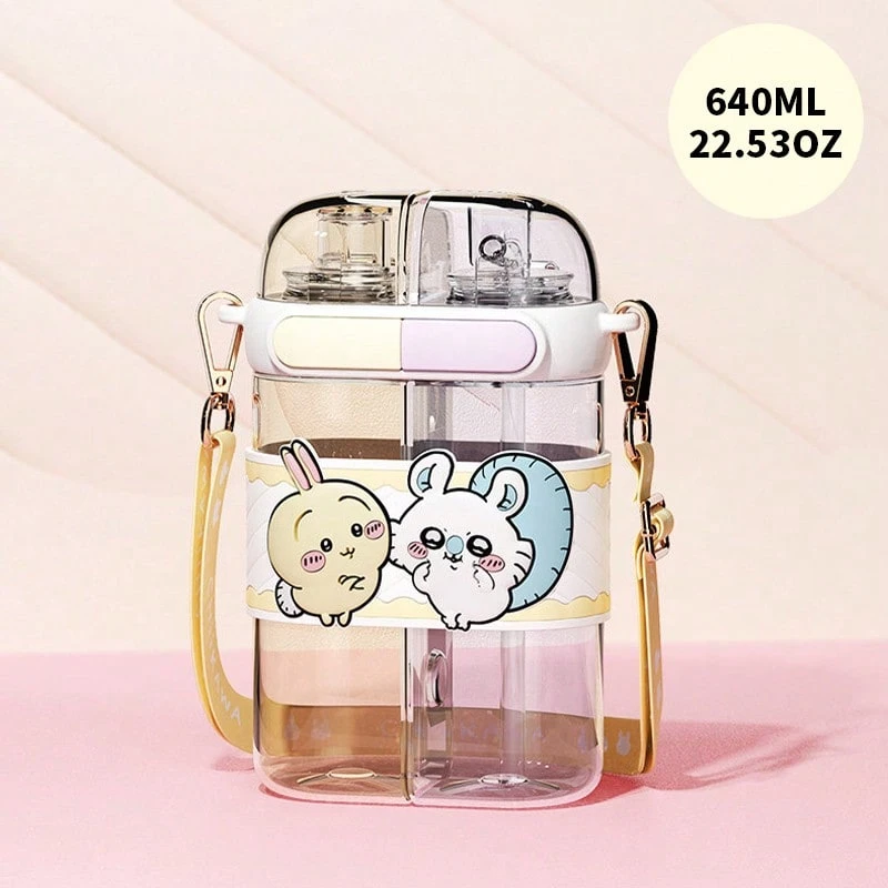 Miniso Cốc uống đôi hai lớp 3-Rune Seikawa (Thỏ & Sóc bay), 640ml/22.53oz: Chất liệu PP bền, thiết kế chia ngăn (có thể đựng hai loại đồ uống cùng lúc), nắp đôi (uống trực tiếp + hút), họa tiết hoạt hình dễ thương, dây đeo da có thể tháo rời, đa năng dùng hàng ngày/ngoài trời/du lịch, bình uống đôi tiện dụng và đáng yêu (1 chiếc) - Nhiều màu - Xem 1