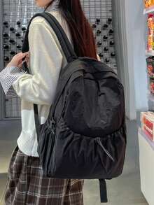 情侣款帆布材质纯色时尚背包，大容量收纳，可调节肩带，适合学生、通勤、休闲、旅行