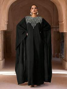 Abaya de gasa azul elegante, adornada con decoración plateada, de manga larga, adecuada como abaya, abaya de fiesta o vestido formal (corte holgado - consulte la tabla de tallas) - Negro - Ver 4