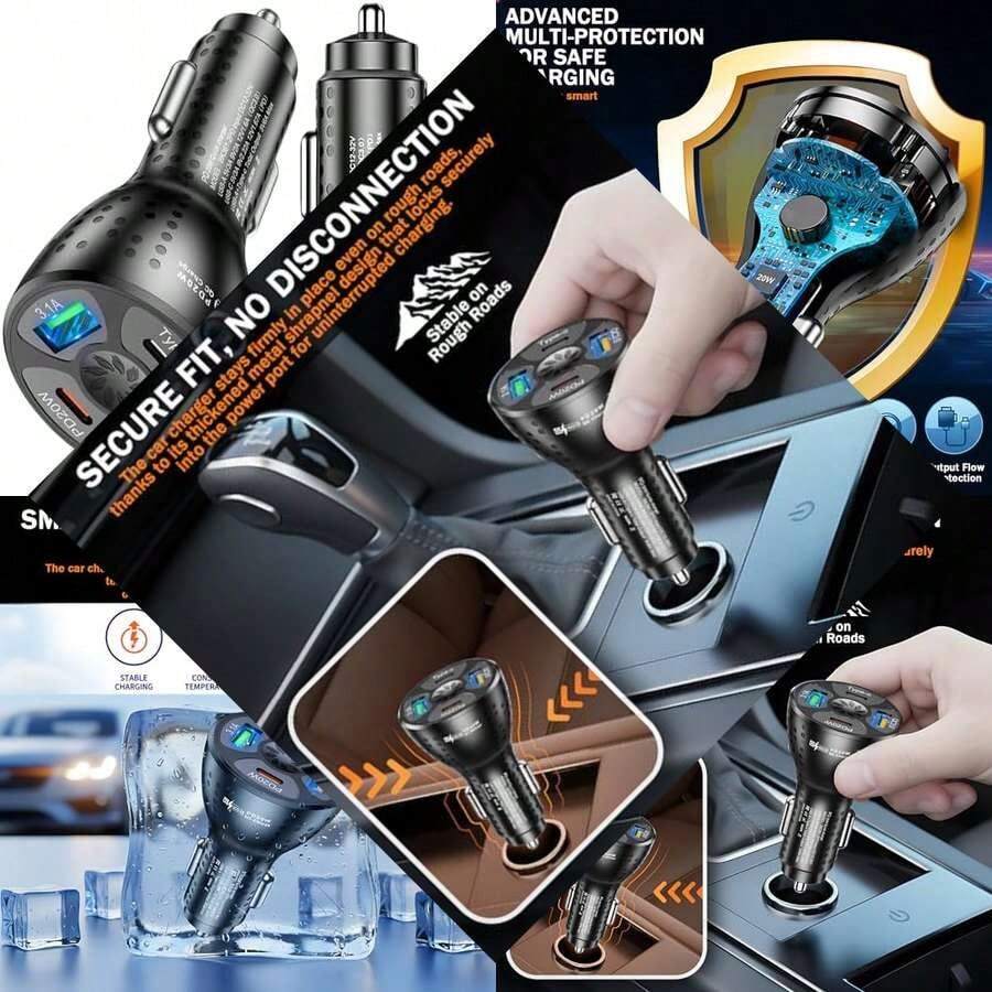 GVTECH 68W USB C Cargador Auto Carga Rápida, 4 Puertos Adaptador de Coche Tipo C PD 20W y QC 3.0 de Quick Charger Compatible con iPhone 17/16/15/14/13/12 Pro MAX, iPad Pro/Air, Galaxy S25/S24/S23/S22 - 4 puertos - Ver 1