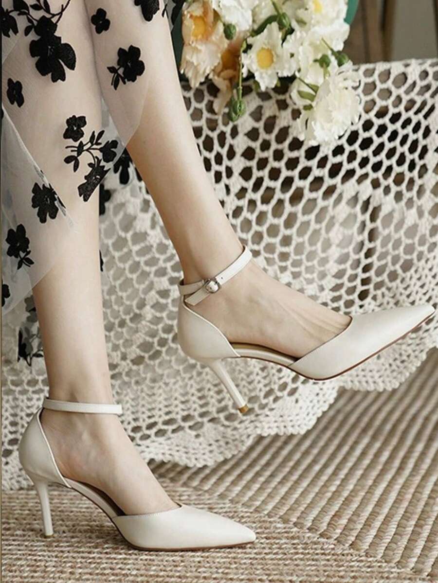 小众设计！超级舒适！法式杏色细带高跟凉鞋，女士款 - 白色 - 查看 1