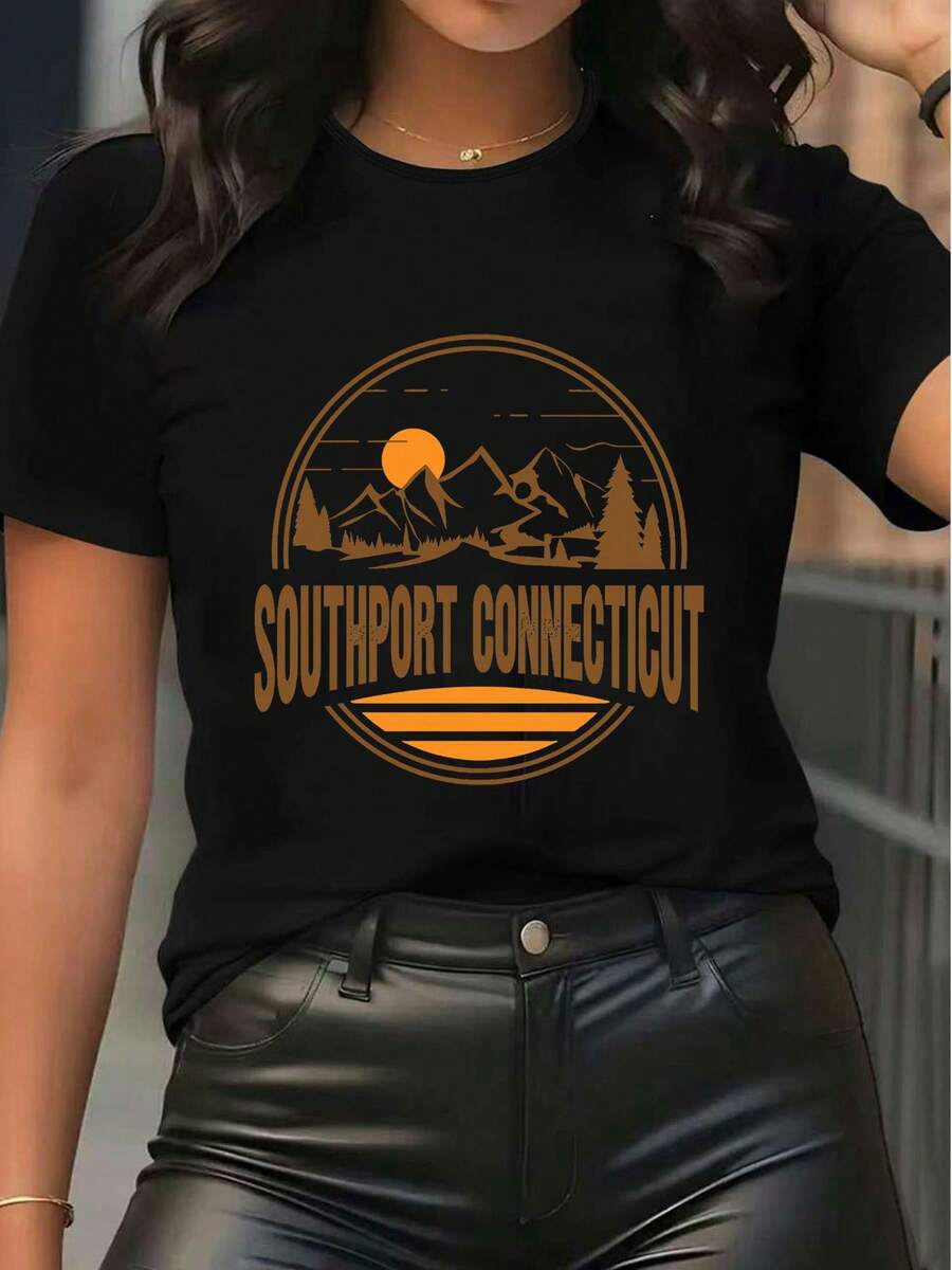 T-shirt casual da donna con grafica di Southport, Connecticut, stampa vintage del paesaggio, manica corta, girocollo - nero - Visualizzare 1