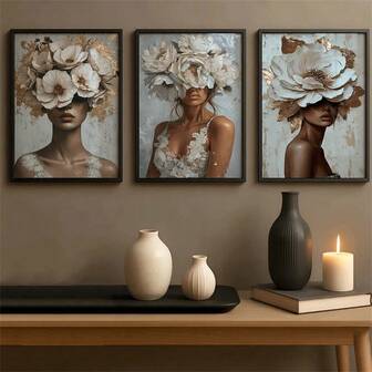 3pcs/Set Modern Wall Art Poster, Beautiful Woman With Flowers Canvas Wall Art Painting Posters And Prints, Women Wall Art Picture, Chic Art, African Woman Portraits, Golden And Grey, Light Luxury, Framed Or Unframed, Room Decor, Home Decor, College Dorm Apartment Decor, Gifts For Wall Decoration In Hotel, Home, Living Room, Bedroom, Bathroom And Office