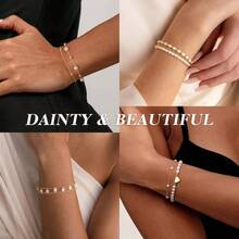 Pearl Bracelets Women, Dainty 14K - Gold - Plated Pearls Beaded Link Chain Bracelet Jewelry Women - Ngọc trai ba lớp - Xem 6