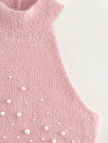 HH Sexy Slim Fit Sleeveless Turtleneck Knit Vest With Pearl Decor For Women, Fashion Bodycon Tank Top - Baby Pink - View 4