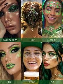 1支圣帕特里克节绿色闪光面部棒，3D亮片凝胶高光棒，带有三叶草和心形闪粉，适合女性/女孩节日庆祝、夜店妆容配饰 - 彩色 - 查看 3