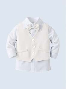 BOARNSEORL 男婴绅士套装三件套 - 白色衬衫配领结、马甲和裤子，适合生日派对、婚礼、节日、洗礼等场合。 - 白色 - 查看 2