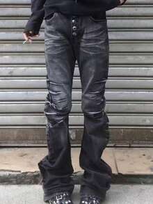 Vaqueros curvos unisex talla grande estilo americano vintage lavados patina 3D cintura alta broches s versátiles - Negro - Ver 6