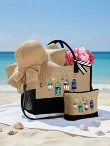 Lantern Pattern For Eid Al Fitr Tote Bag With Makeup Bag And Hat Set; Ladies' Portable Zipper Wallet, Fashionable Travel Wash Bag, Lunch Box Bag, Backpack, School Travel Beach Women's Day Multifunctional Bag, Multifunctional Portable Handbag, University Backpack That Can Hold Textbooks; Holiday Travel Lightweight Bag - Multicolor - View 2